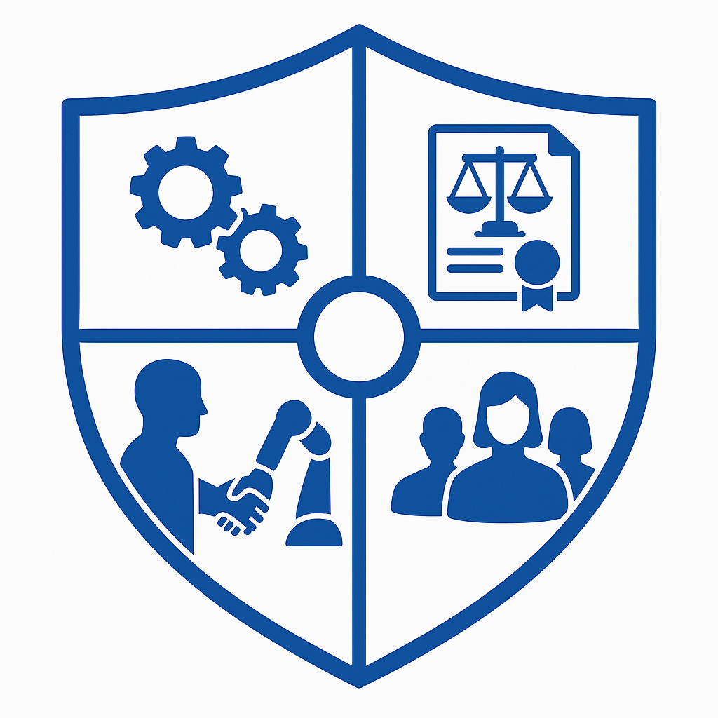 Four-quadrant shield diagram showing icons for quality, licensing, HITL scalability, and diversity