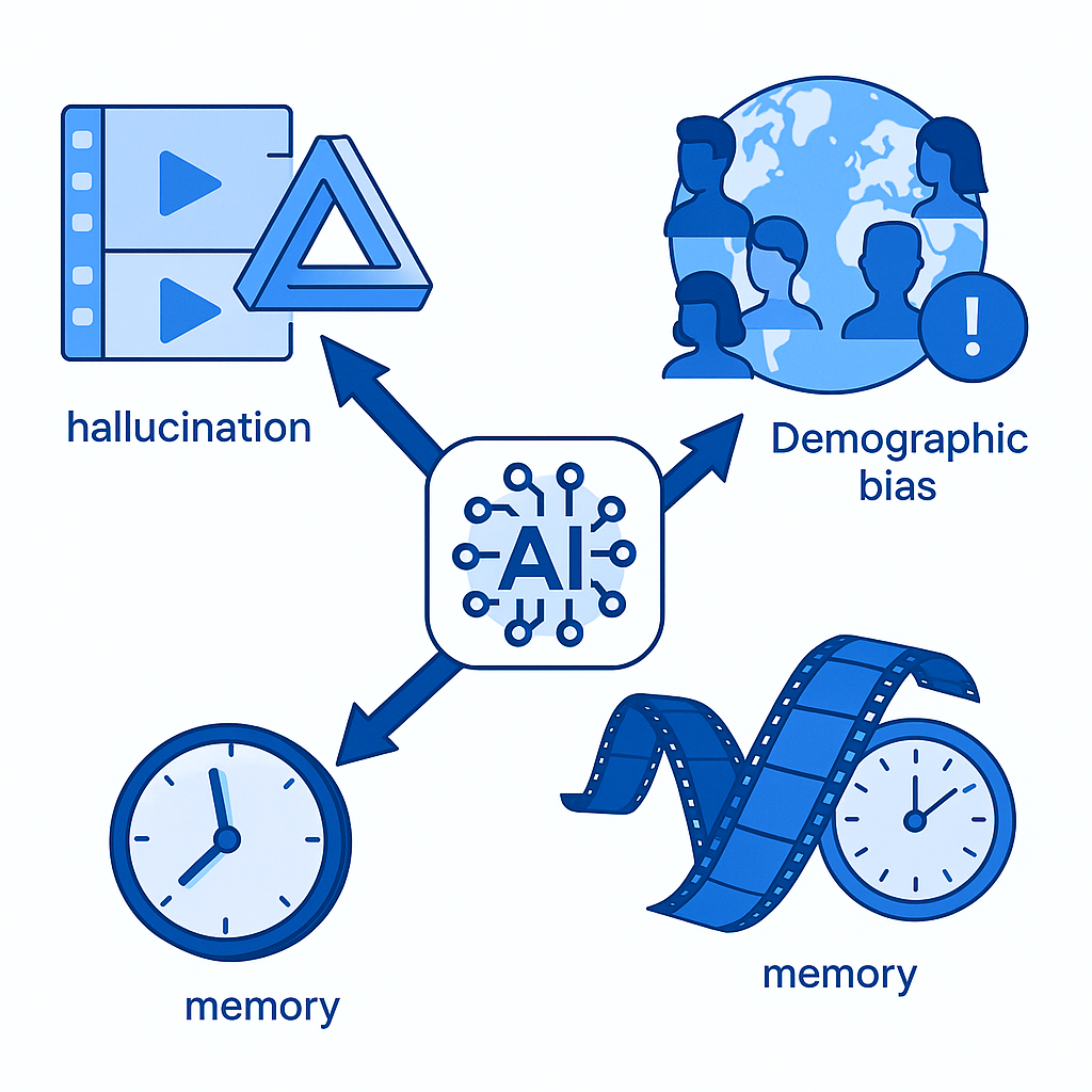 Diagram showing hallucination, demographic bias, and long-form memory pitfalls for egocentric AI models