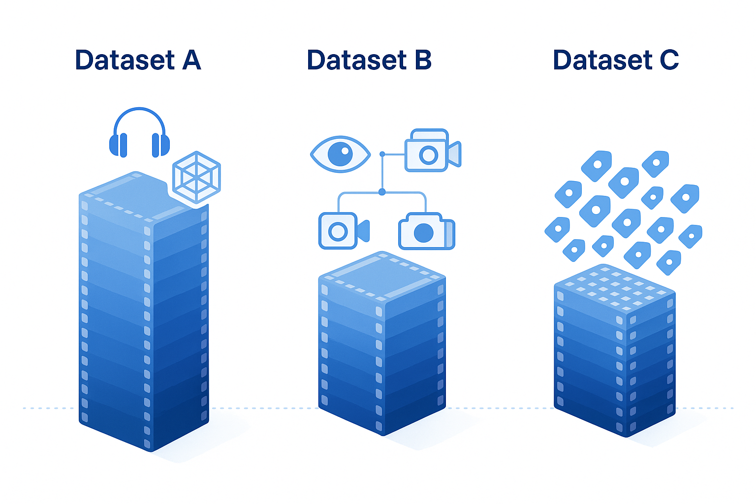 Infographic comparing scale and unique features of Ego4D, Ego-Exo4D, and HD-EPIC datasets