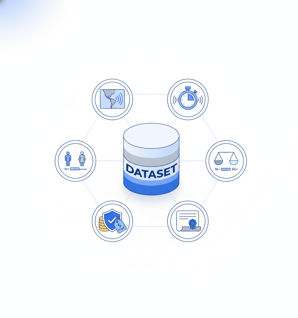 Vector diagram of six evaluation criteria for Spanish voice dataset providers with icons around central dataset symbol