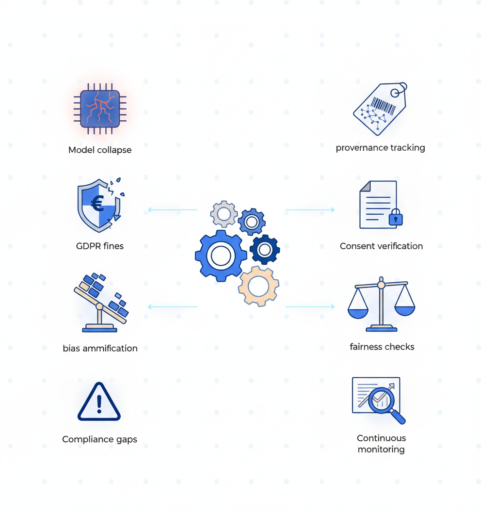 Diagram linking four AI data risks to automated QA safeguards, centered on an abstract QA engine
