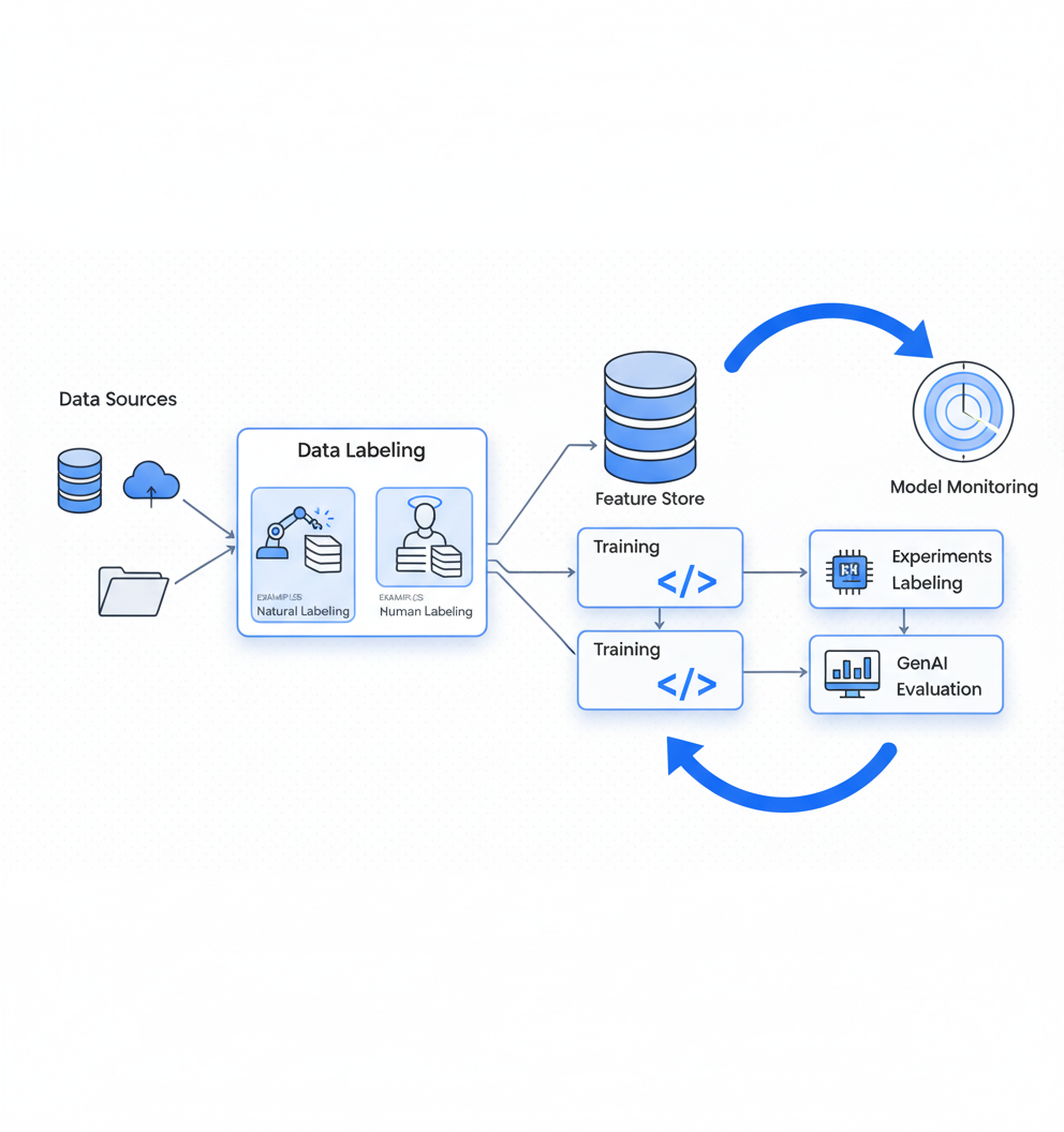 Flow diagram of an AI training data QA pipeline from labeling through monitoring with feedback loop