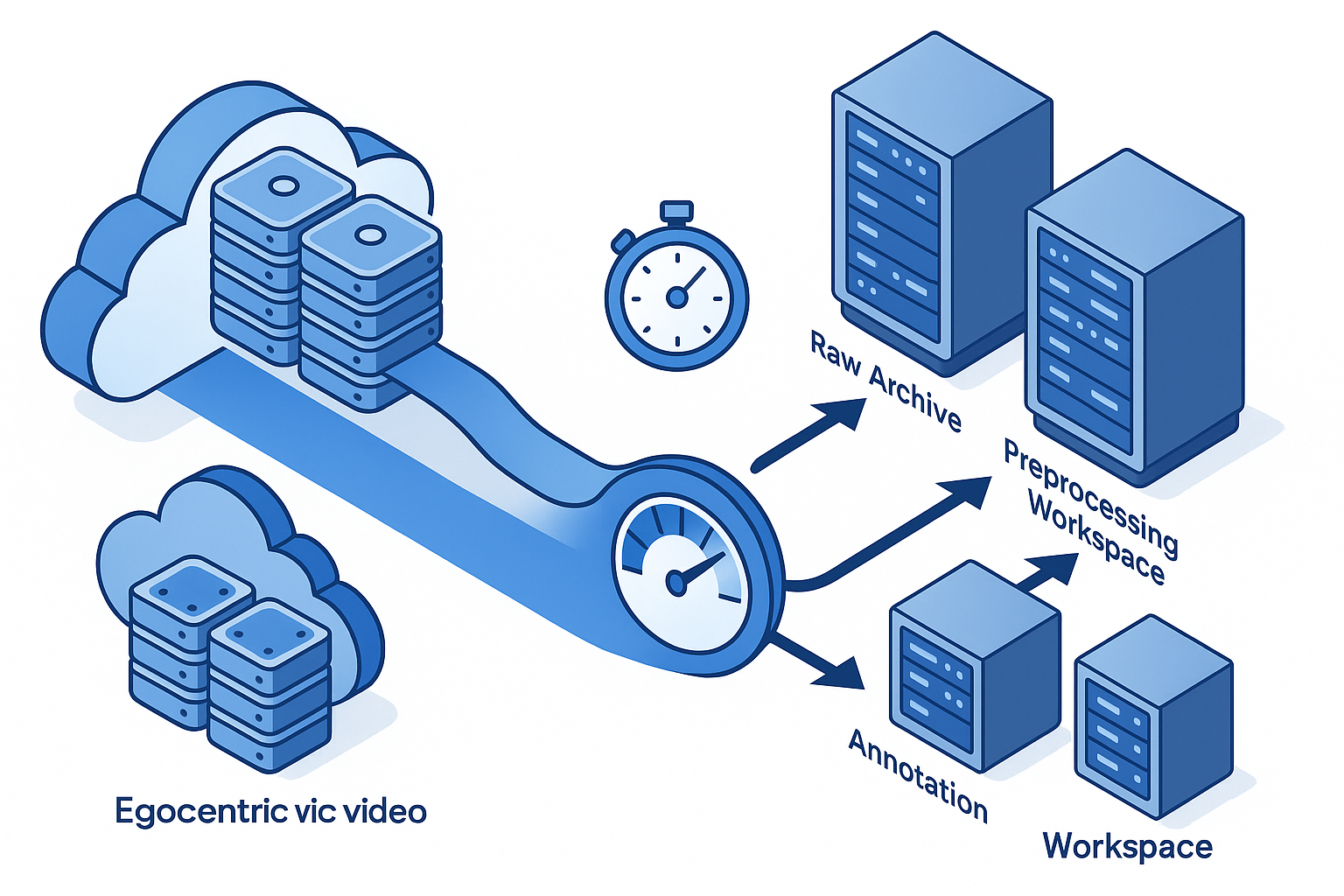 Flow diagram of cloud dataset download through bandwidth bottleneck into three mirrored storage tiers
