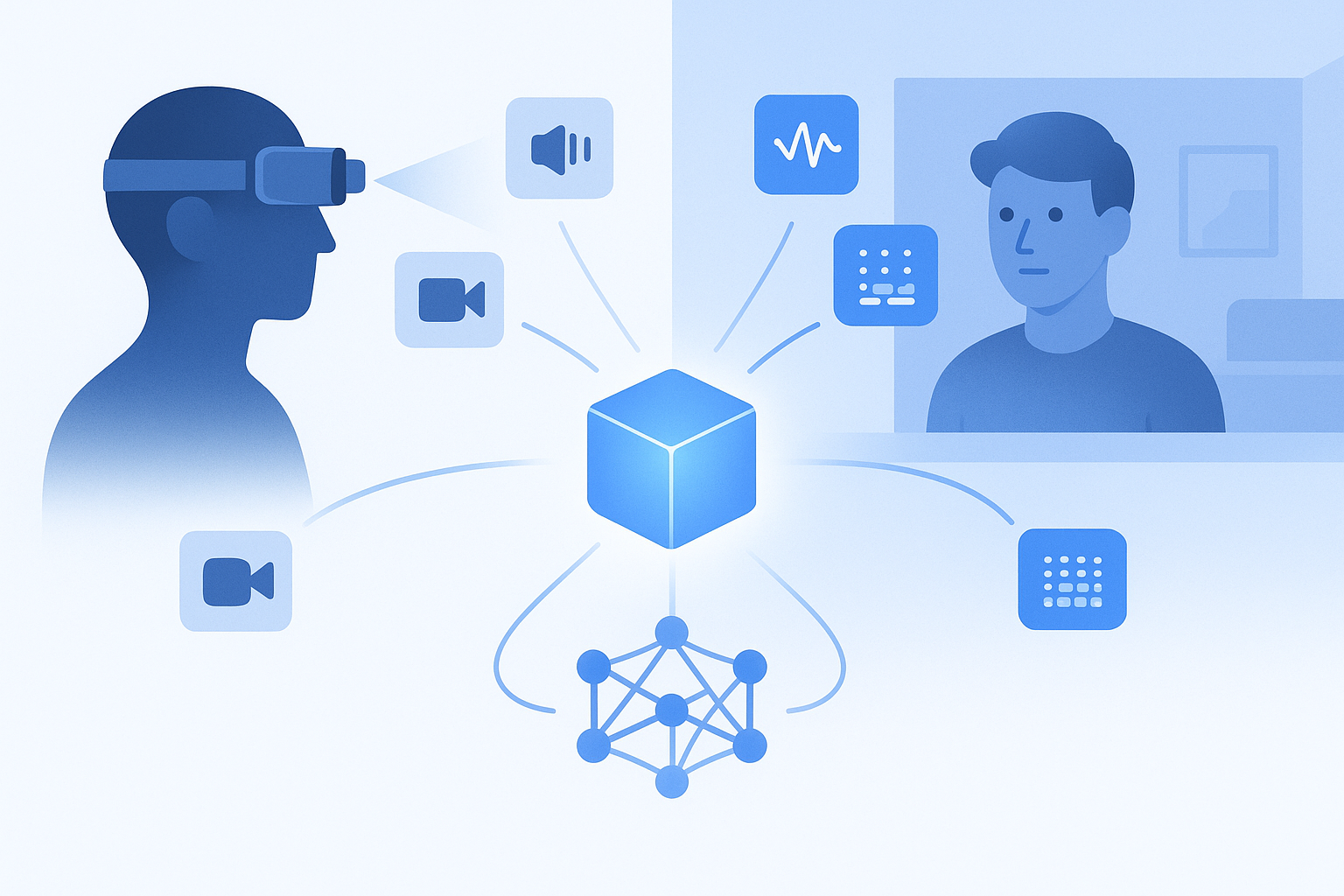 Concept illustration of real and synthetic egocentric streams merging into a multimodal training dataset