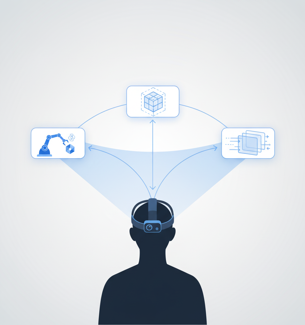 Diagram of head-mounted camera footage flowing to robotics, object tracking and action recognition applications