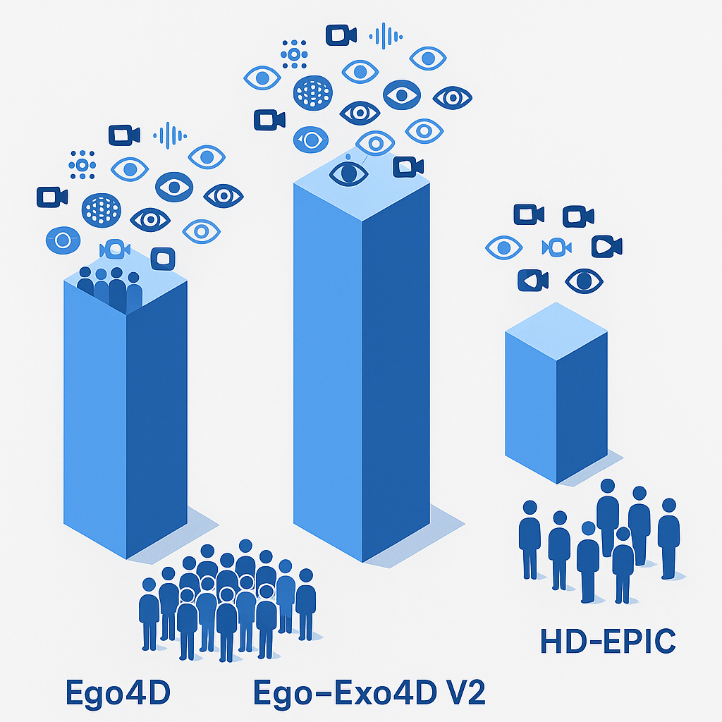 Side-by-side pillars comparing scale and modality richness of Ego4D, Ego-Exo4D and HD-EPIC datasets.