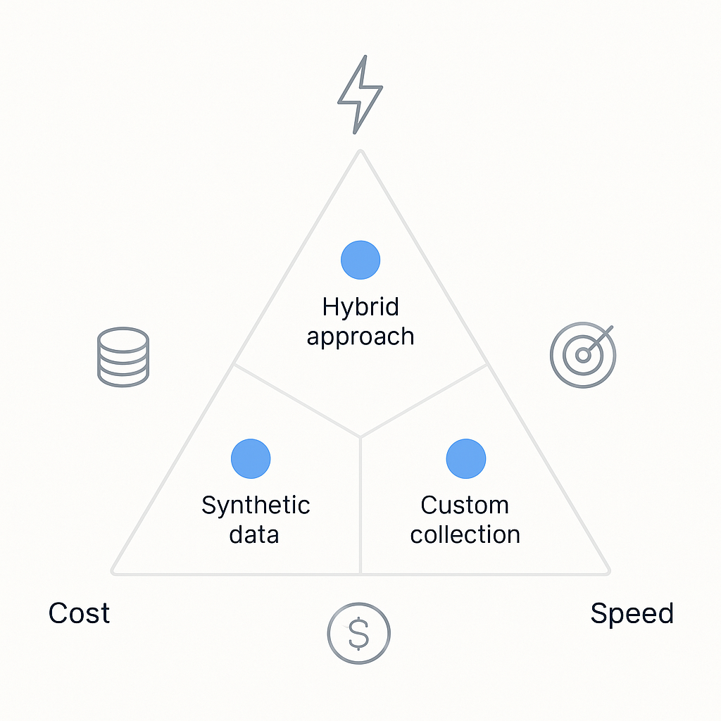 Triangular trade-off diagram showing where public, custom, synthetic and hybrid data sit on cost, speed and specificity