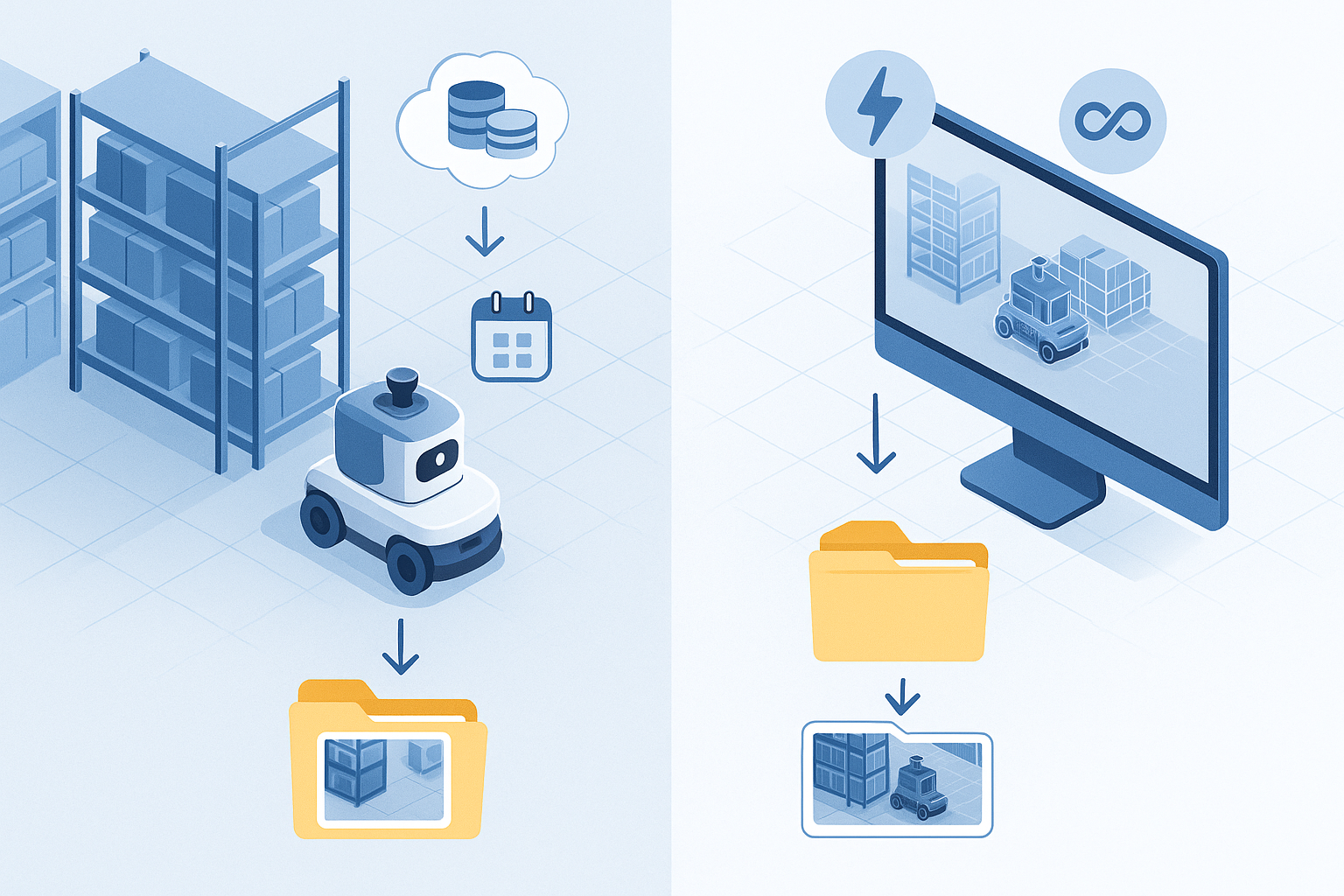 Side-by-side vector comparing real-world robot data capture versus simulated synthetic data generation.