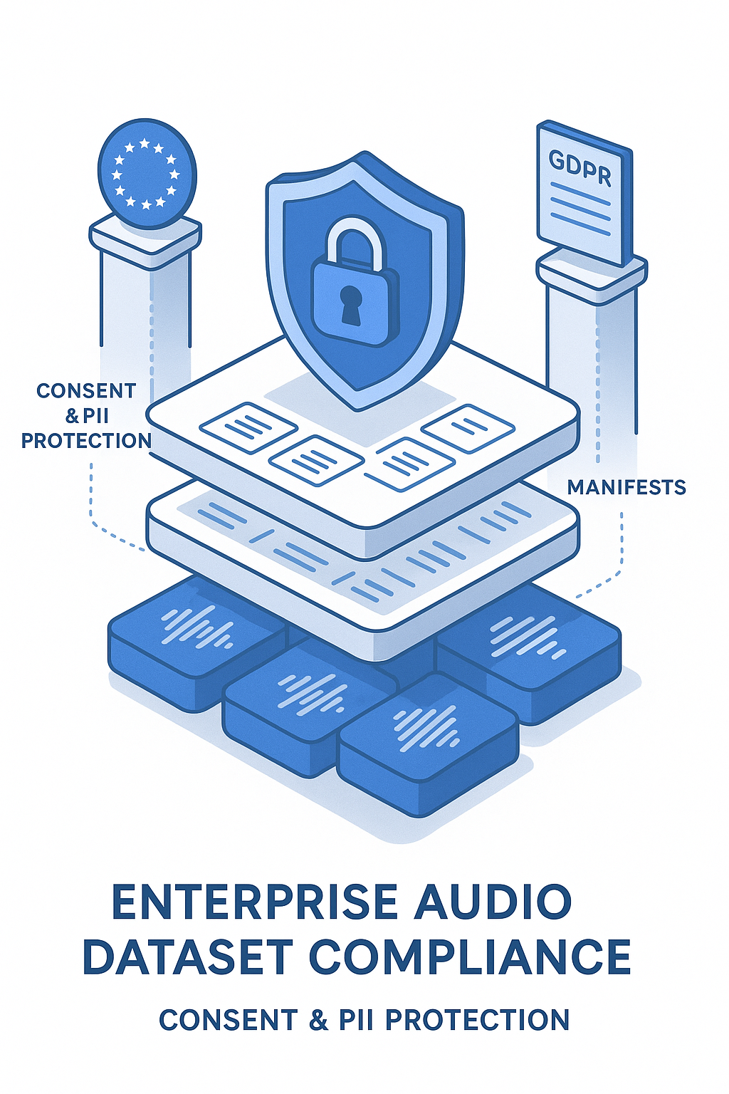 Layered diagram showing audio clips, documentation, and security under EU AI Act and GDPR oversight