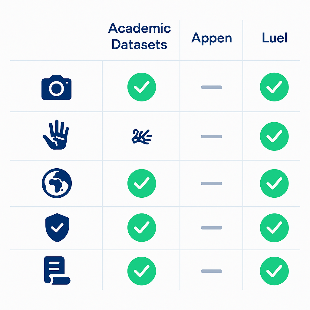 Icon grid comparing six criteria across academic datasets, Appen, and Luel, with Luel displaying all checks