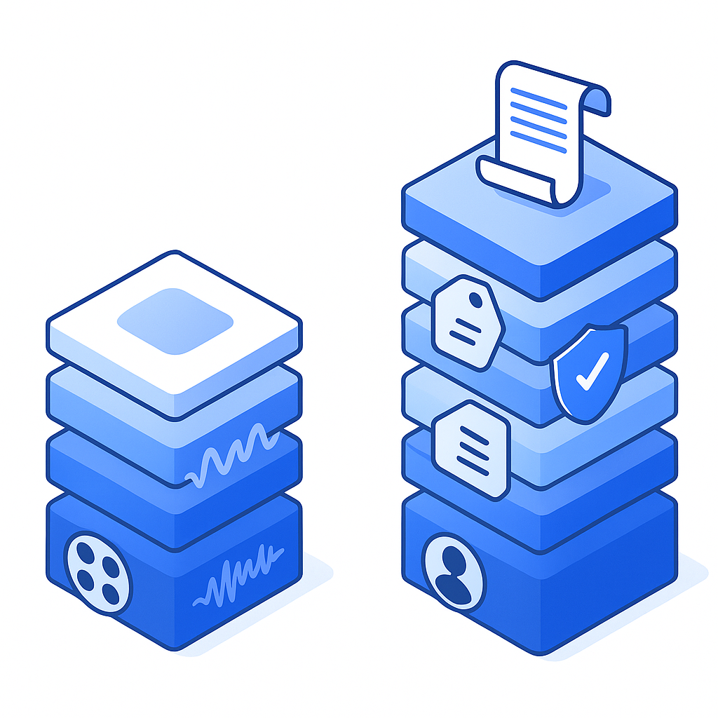 Layered stacks contrasting academic datasets missing compliance layers with a complete commercial dataset stack