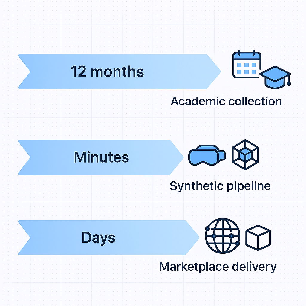 Three timeline arrows of different lengths convey academic, synthetic, and marketplace dataset speeds
