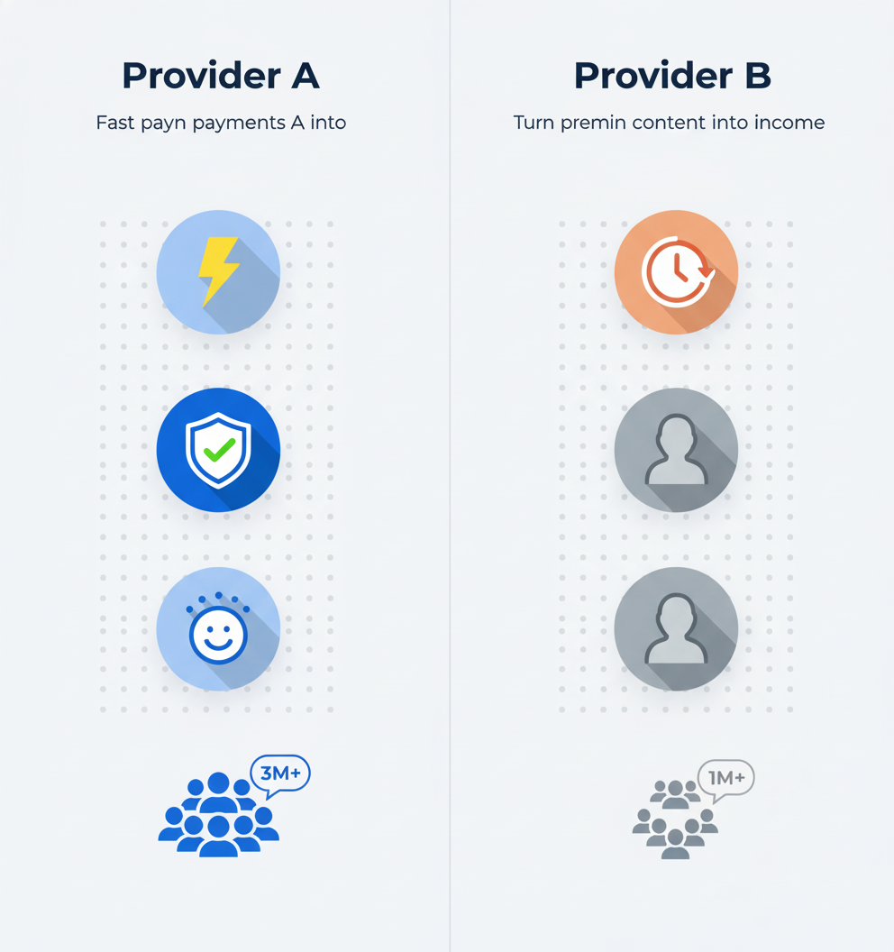 Vector graphic contrasting two providers on speed, compliance, satisfaction and network size with clear iconography.