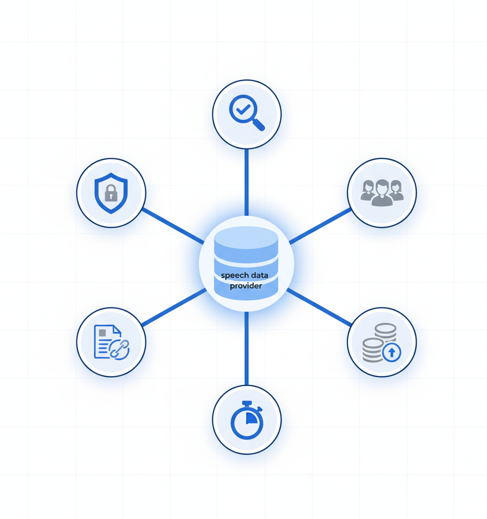 Hub-and-spoke diagram showing six key vendor selection criteria surrounding a speech data provider icon.