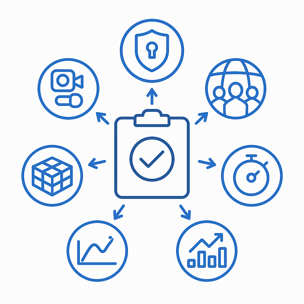 Circular infographic of six icons representing key criteria in selecting a multimodal dataset vendor.