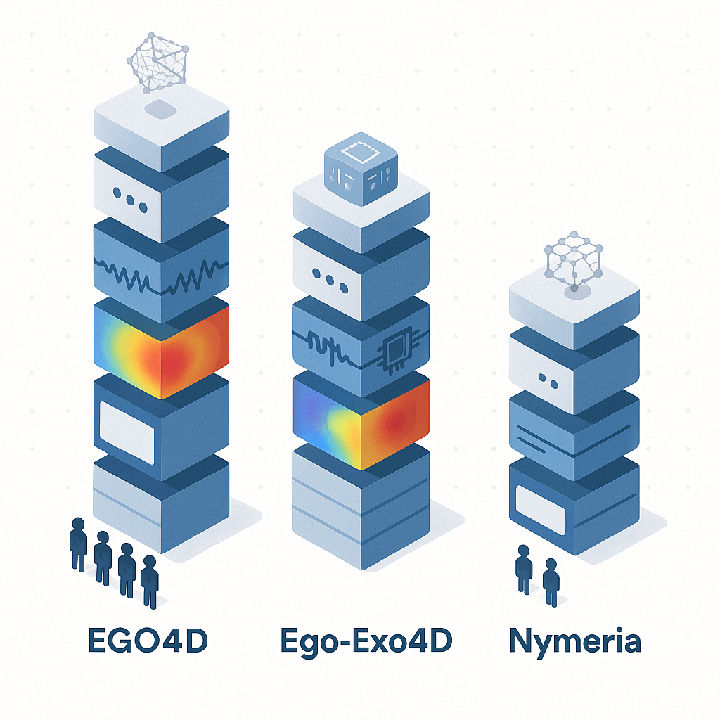 Pillar diagram comparing modality depth and scale of EGO4D, Ego-Exo4D, and Nymeria benchmarks.