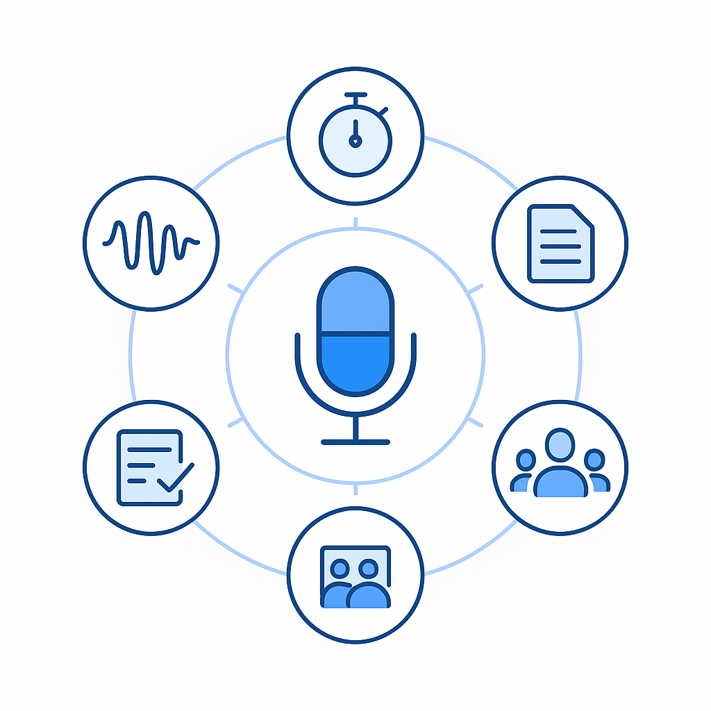 Microphone surrounded by five icons for accuracy, duration, metadata, diversity, and transcription quality