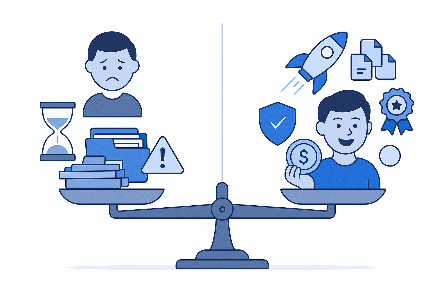 Balance scale tilts toward marketplace side showing faster payouts, happier contributors, stronger compliance
