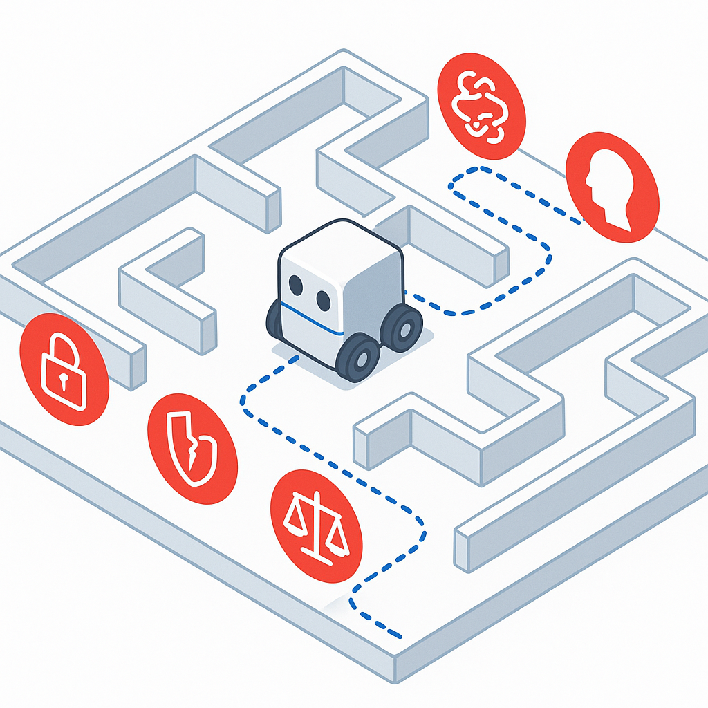 Robot navigating maze with hazard icons signaling five common licensing and provenance pitfalls