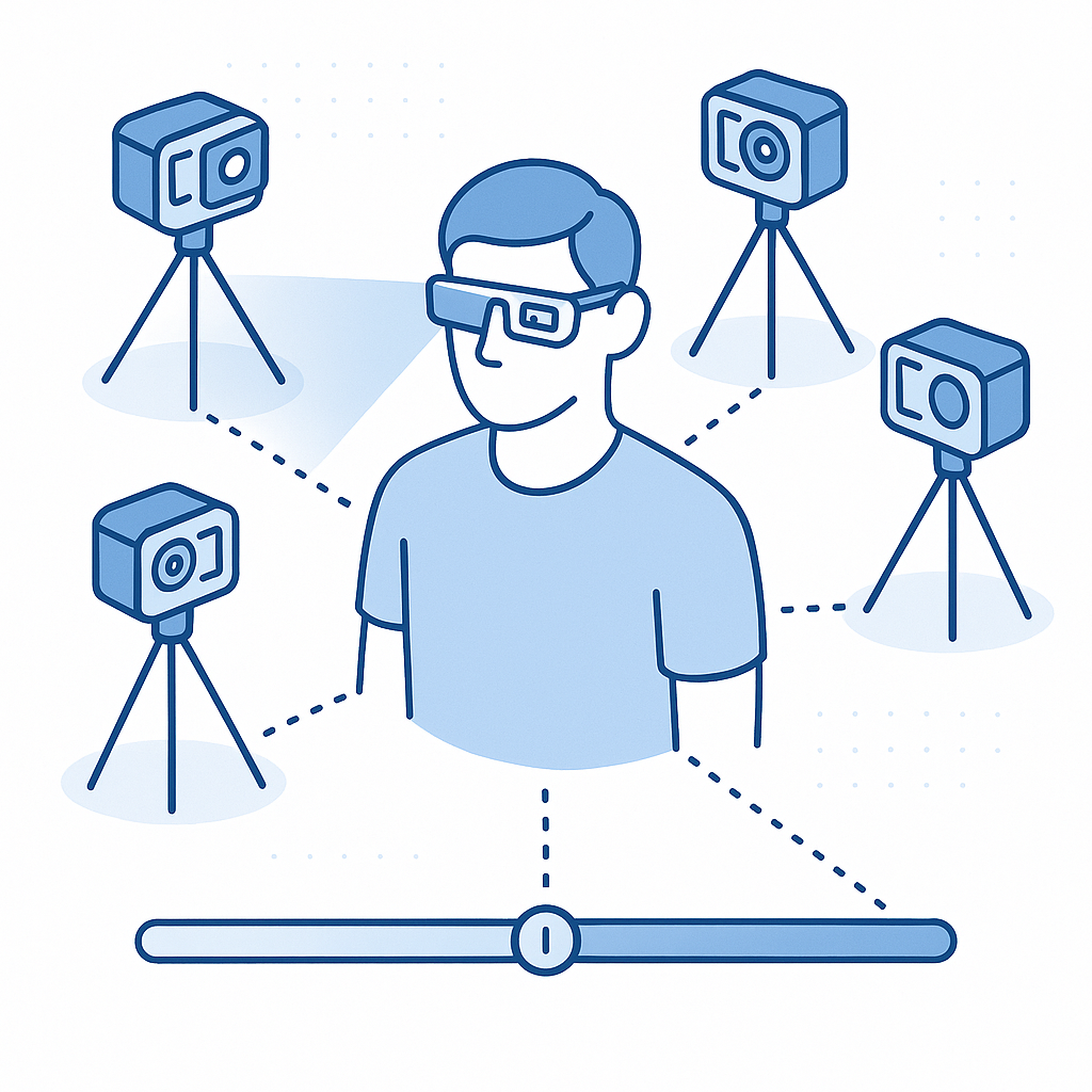 Synchronized first-person headset camera and multiple third-person cameras capturing the same activity