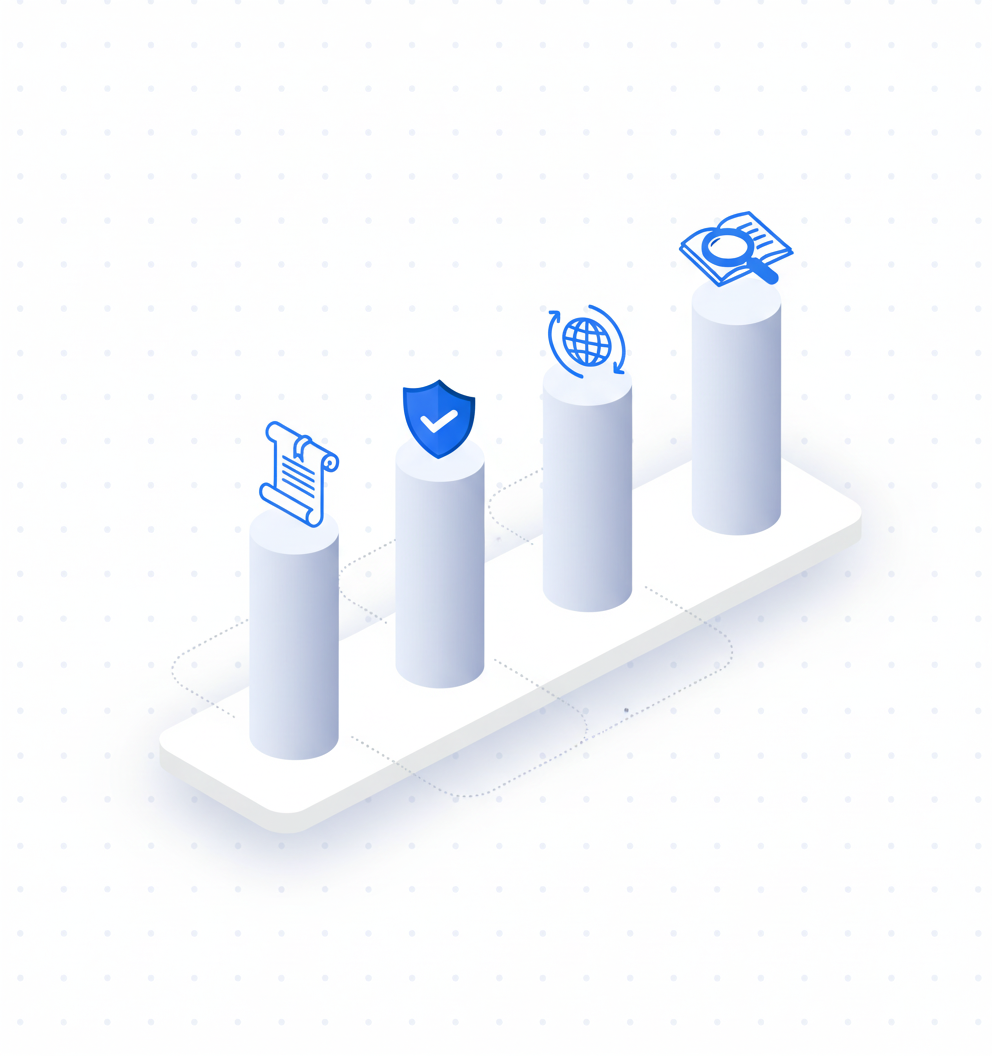 Four isometric pillars with icons for consent, DPIA, data transfer, and transparency illustrate compliance framework.