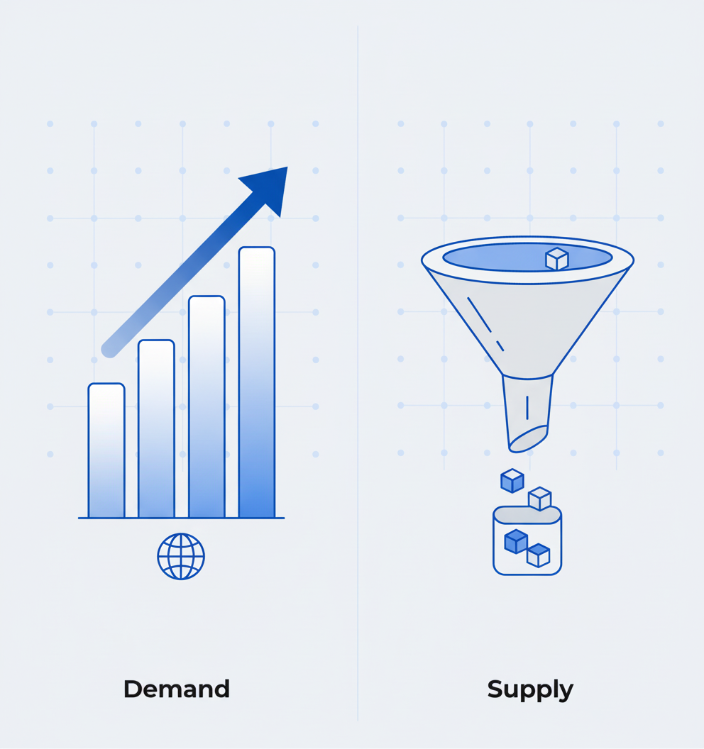 Abstract comparison showing booming TTS market growth versus a narrow funnel of Korean rights-cleared data supply.