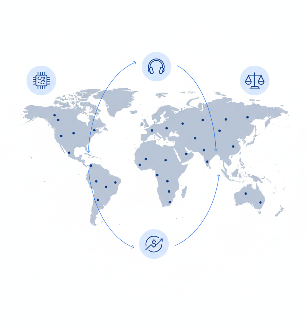 World map with distributed contributor dots linked to icons for technical, ethical and business benefits