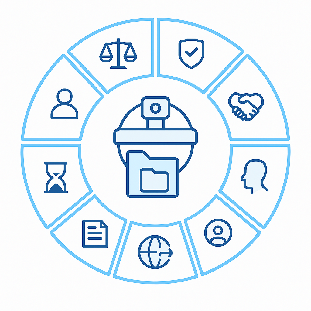 Circular diagram showing nine GDPR compliance steps around an egocentric video dataset icon