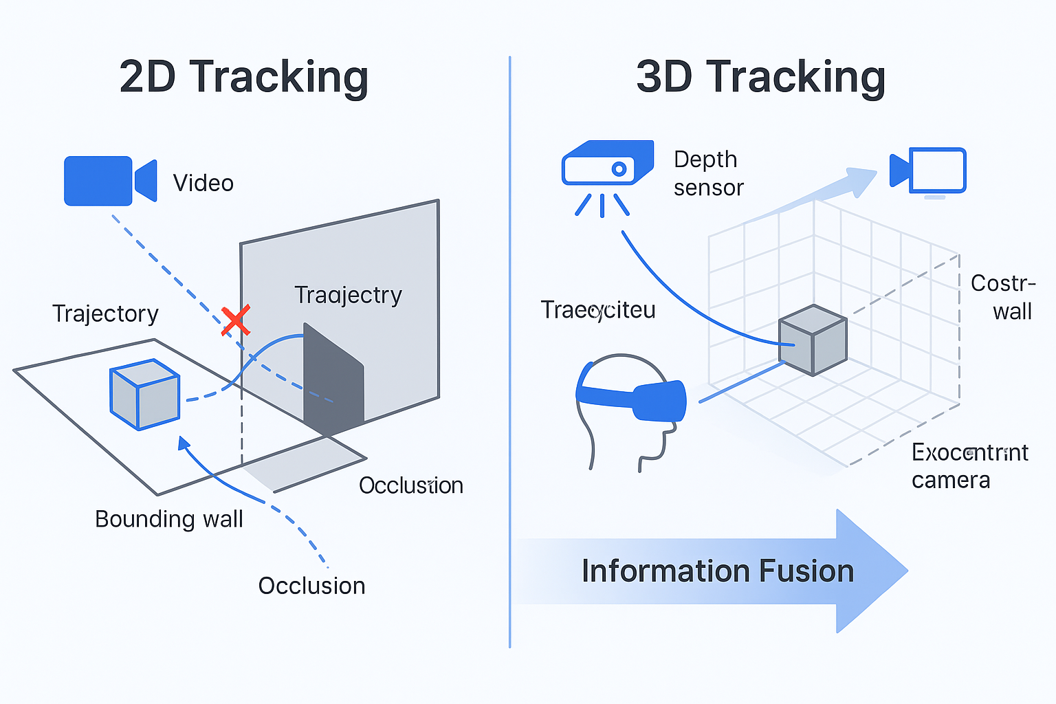 Diagram comparing 2D tracking failures versus robust 3D multimodal tracking that maintains identity through occlusion.