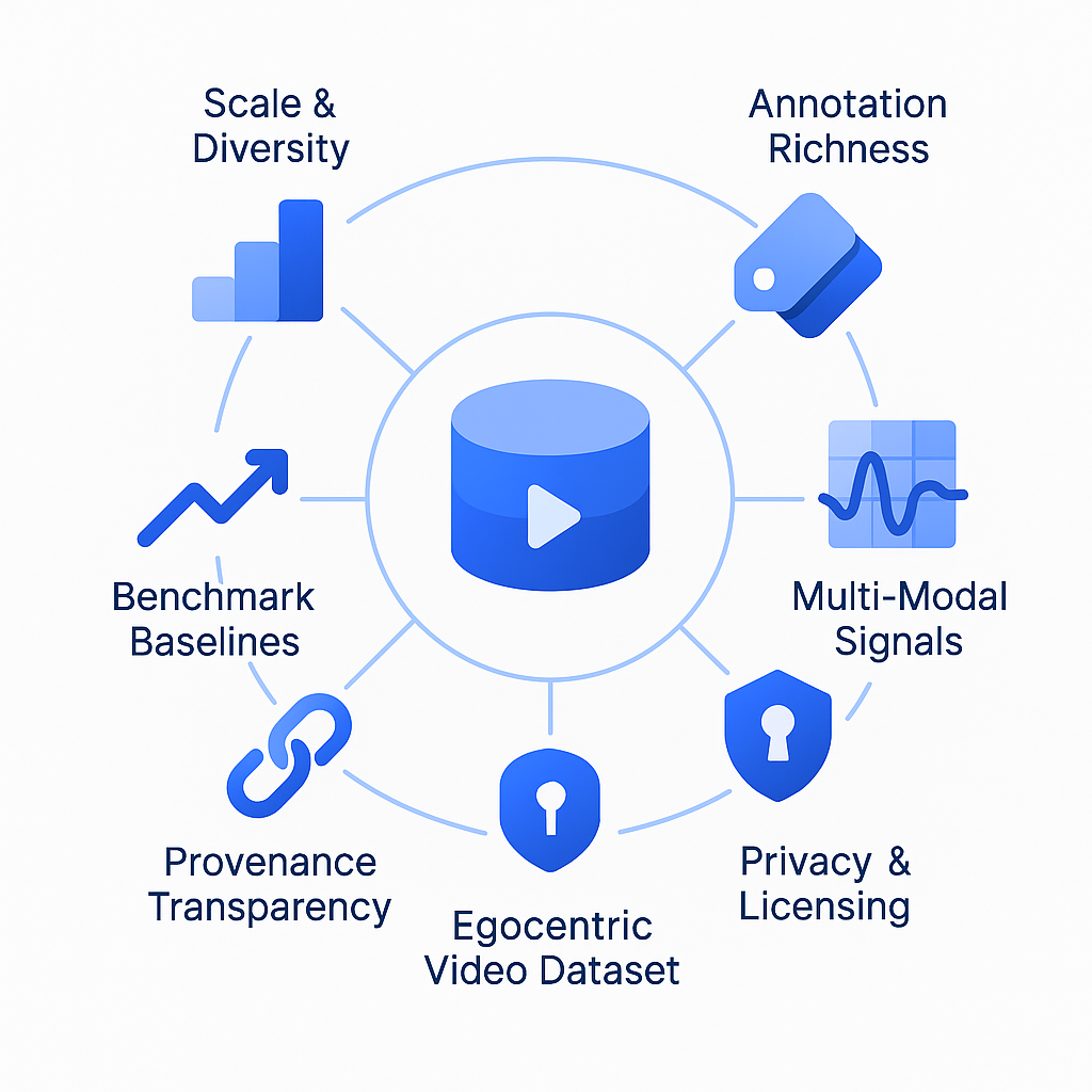 Circular diagram of six icons linked to a dataset symbol, representing the six evaluation pillars