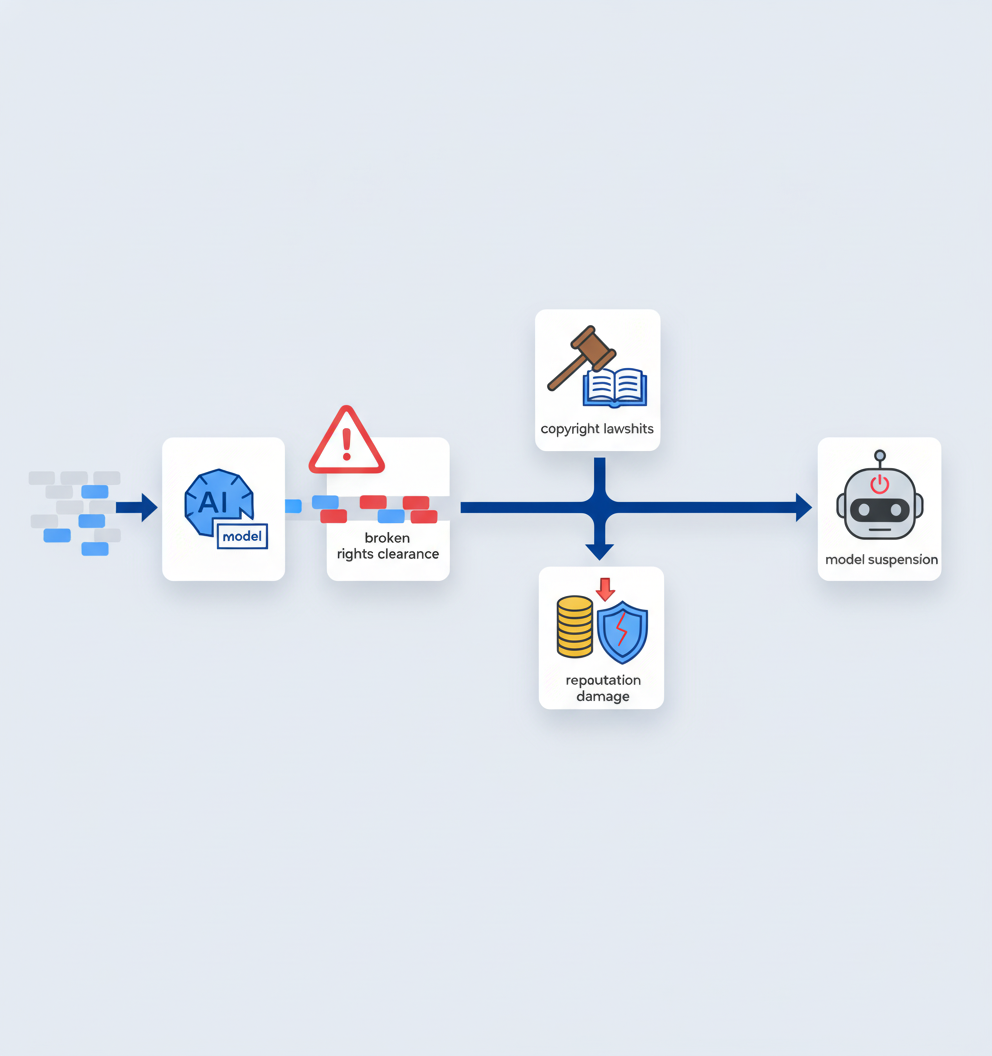 Flow diagram of unvetted AI data leading to lawsuits, fines, and model shutdown.