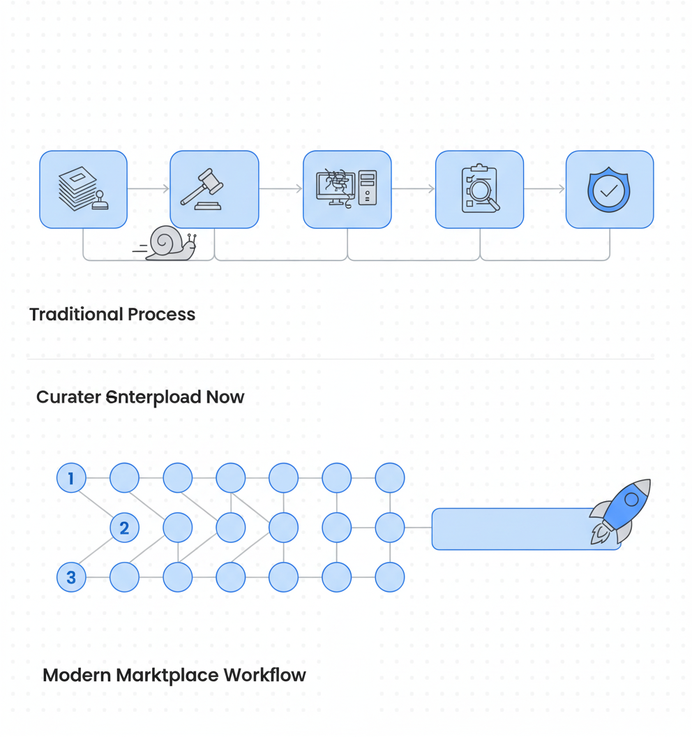 Timeline diagram contrasting slow sequential legacy workflow with fast parallel marketplace workflow