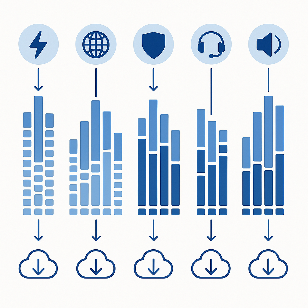 Six waveform stacks with icons and download arrows illustrating instant bulk audio dataset options