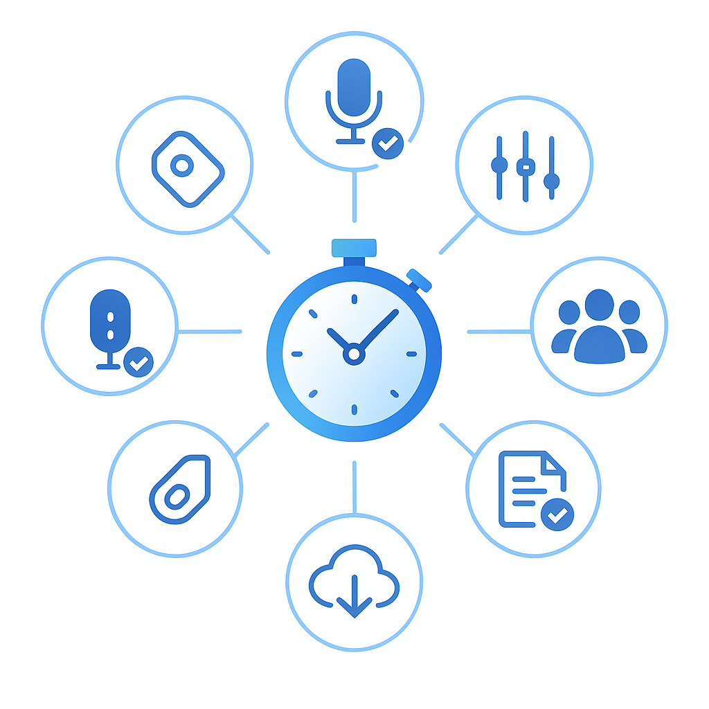 Stopwatch surrounded by eight icons depicting the rapid quality-and-compliance checks for audio datasets