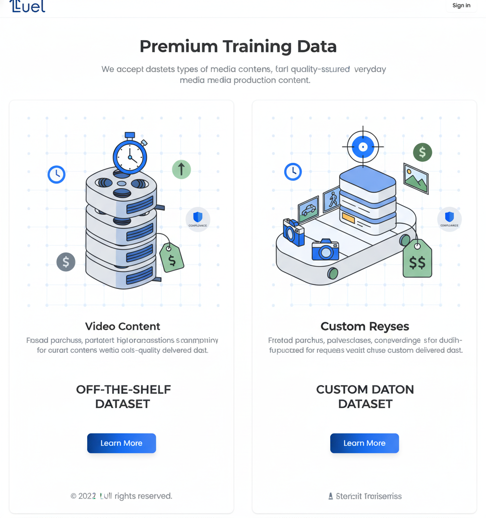 Side-by-side vector illustration contrasting off-the-shelf and custom video datasets across speed, cost, domain fit, and