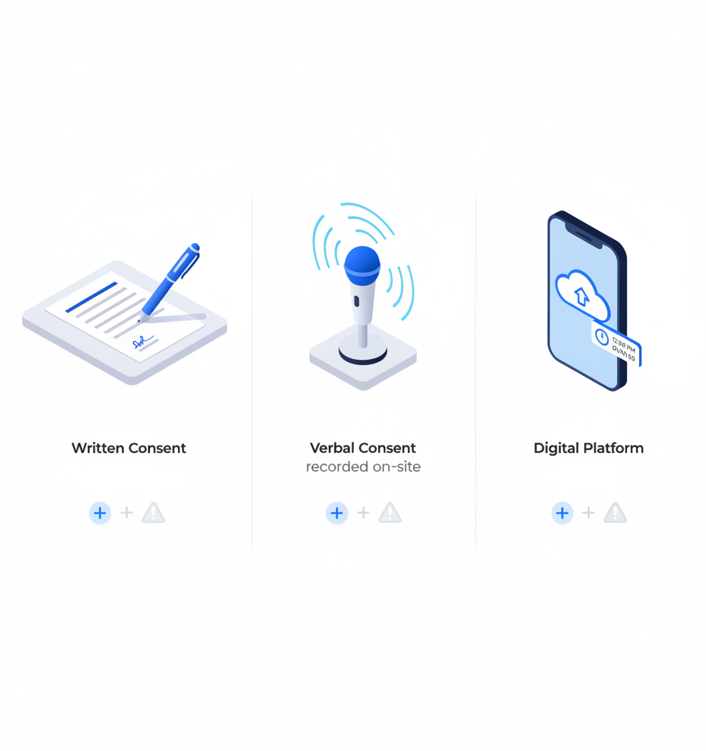Side-by-side illustration comparing written, verbal, and digital consent methods for speech data.