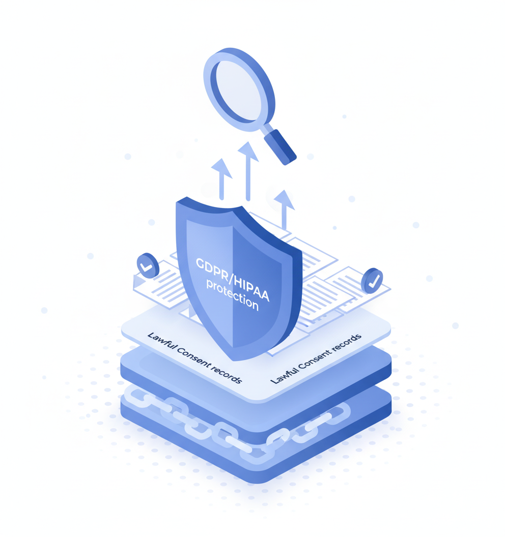 Layered stack diagram showing privacy shields and provenance chain for GDPR-ready training data