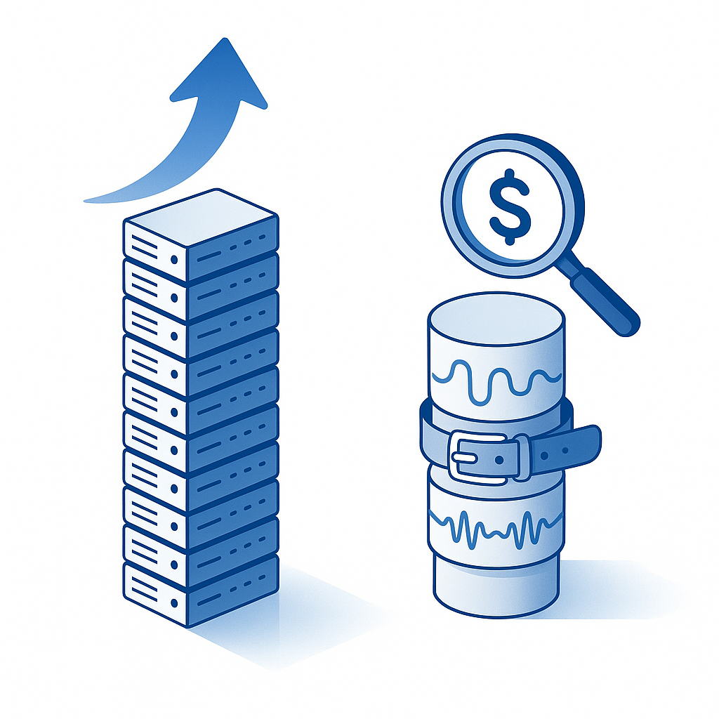 Abstract bars showing soaring compute expenses dwarfing constrained dataset budgets