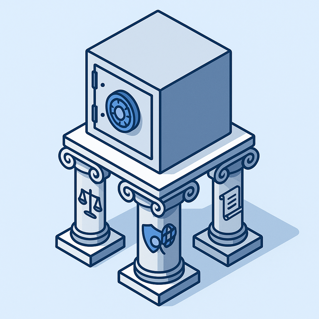 Isometric vector of four pillars supporting secure data vault, symbolizing GDPR compliance fundamentals