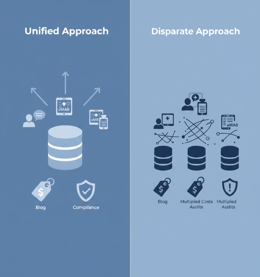 Vector compare of unified native integration vs fragmented bolt-on EHR modules, highlighting cost and compliance. 