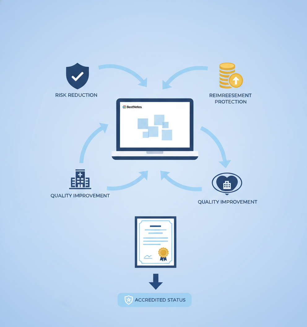 EHR template icon with arrows flowing to risk shield, coins, and quality hospital, converging on an accreditation  
