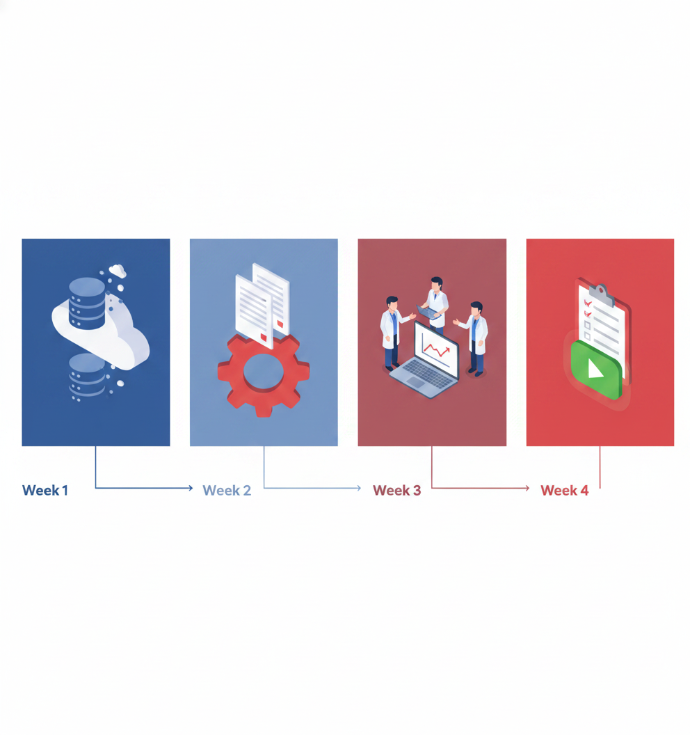 Four-step timeline with icons for data migration, template activation, staff training, and go-live rollout