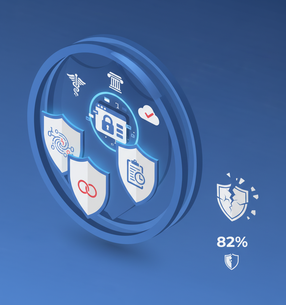 Layered vector shield showing encryption, MFA, audit logs wrapped by HIPAA, 42 CFR Part 2, SOC 2 around telehealth data.