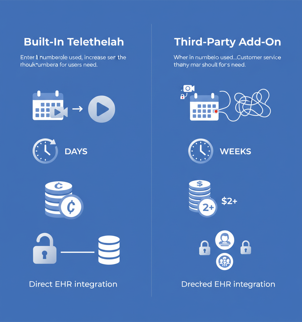 Side-by-side vector comparing built-in EHR telehealth and third-party add-ons for setup, cost, and integration.