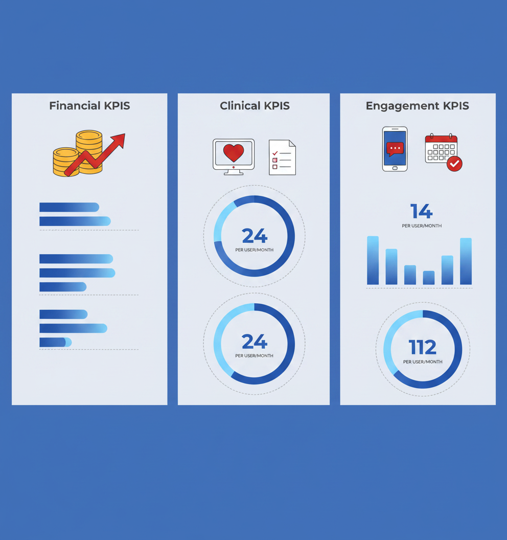 Infographic dashboard with icons and progress gauges for financial, clinical, and patient engagement performance after
