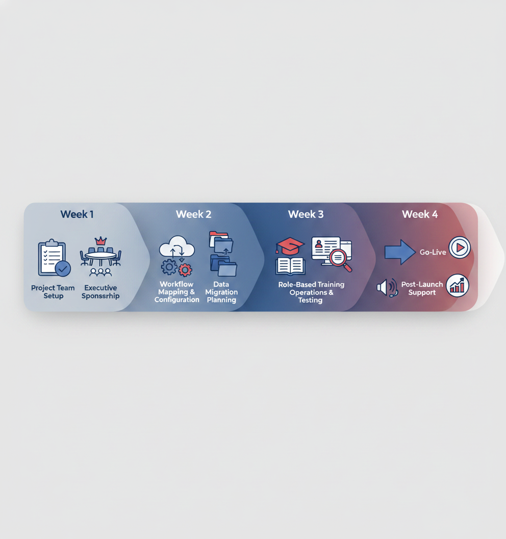 Vector timeline showing four-week EHR rollout with icons for team setup, configuration, training, and go-live support.