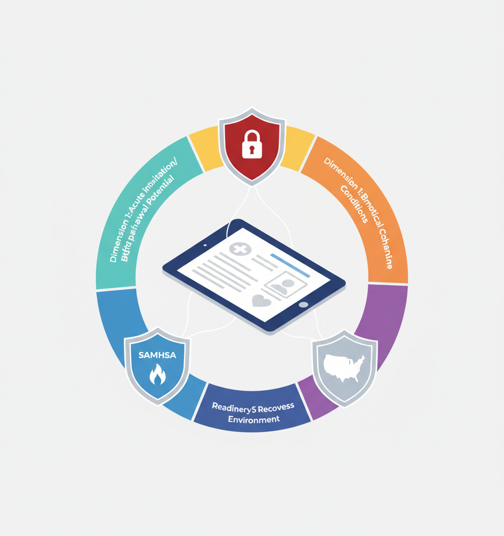 Diagram of an EHR record at center linked to shields and a six-segment ring representing ASAM dimensions and regulations