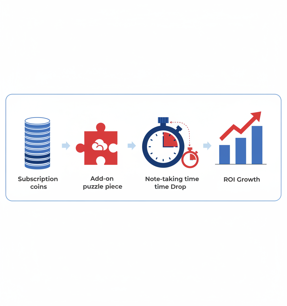 Flow graphic showing subscription cost, add-on fees, time saved by AI, and rising ROI in four icon steps.
