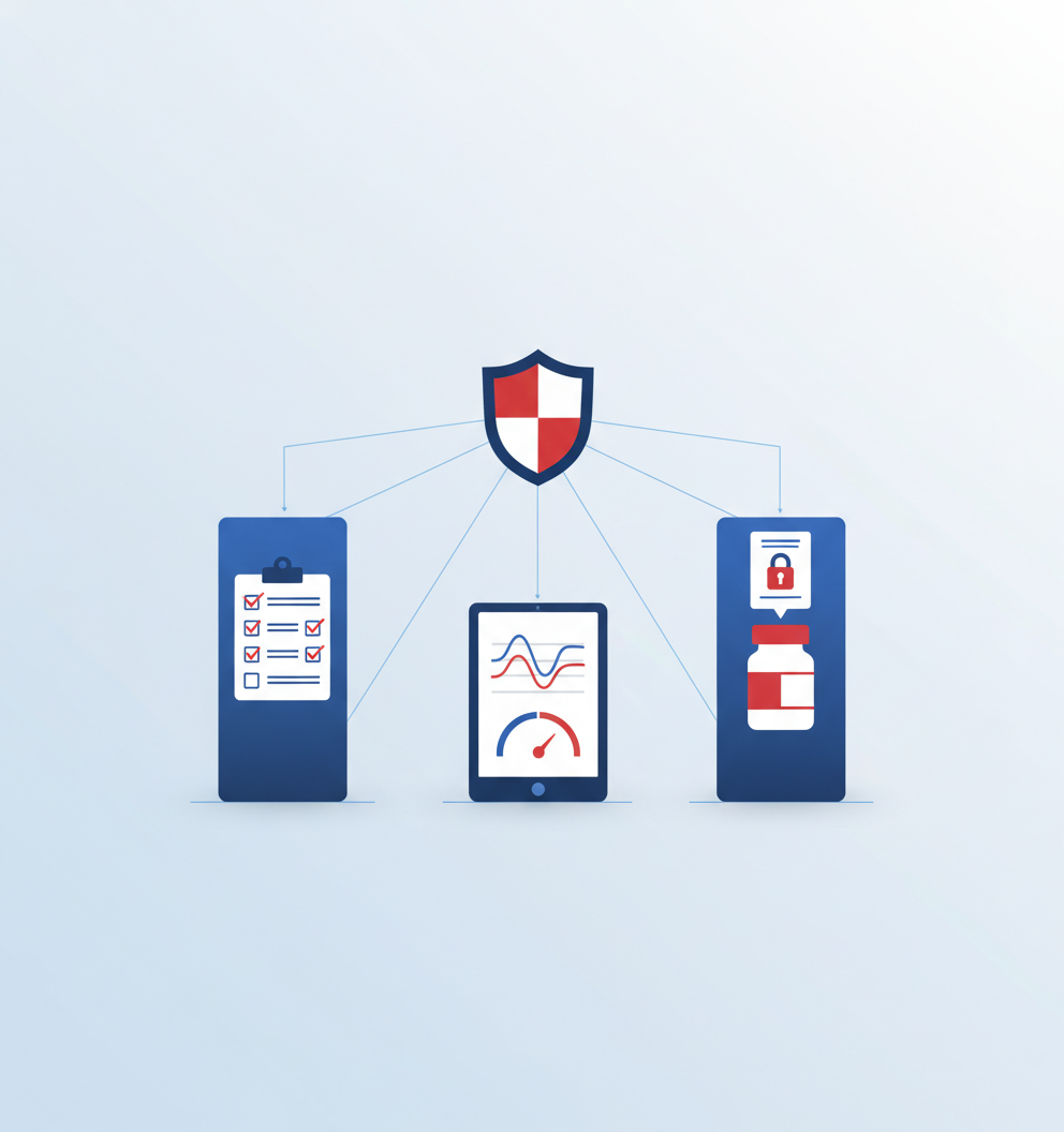Three-pillar diagram linking documentation, outcomes tools and e-prescribing to a central accreditation shield.