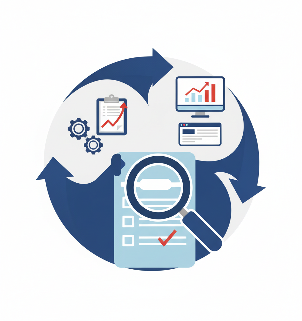 Circular flow diagram of monitoring dashboards, mock surveys, and improvement actions forming a continuous readiness...